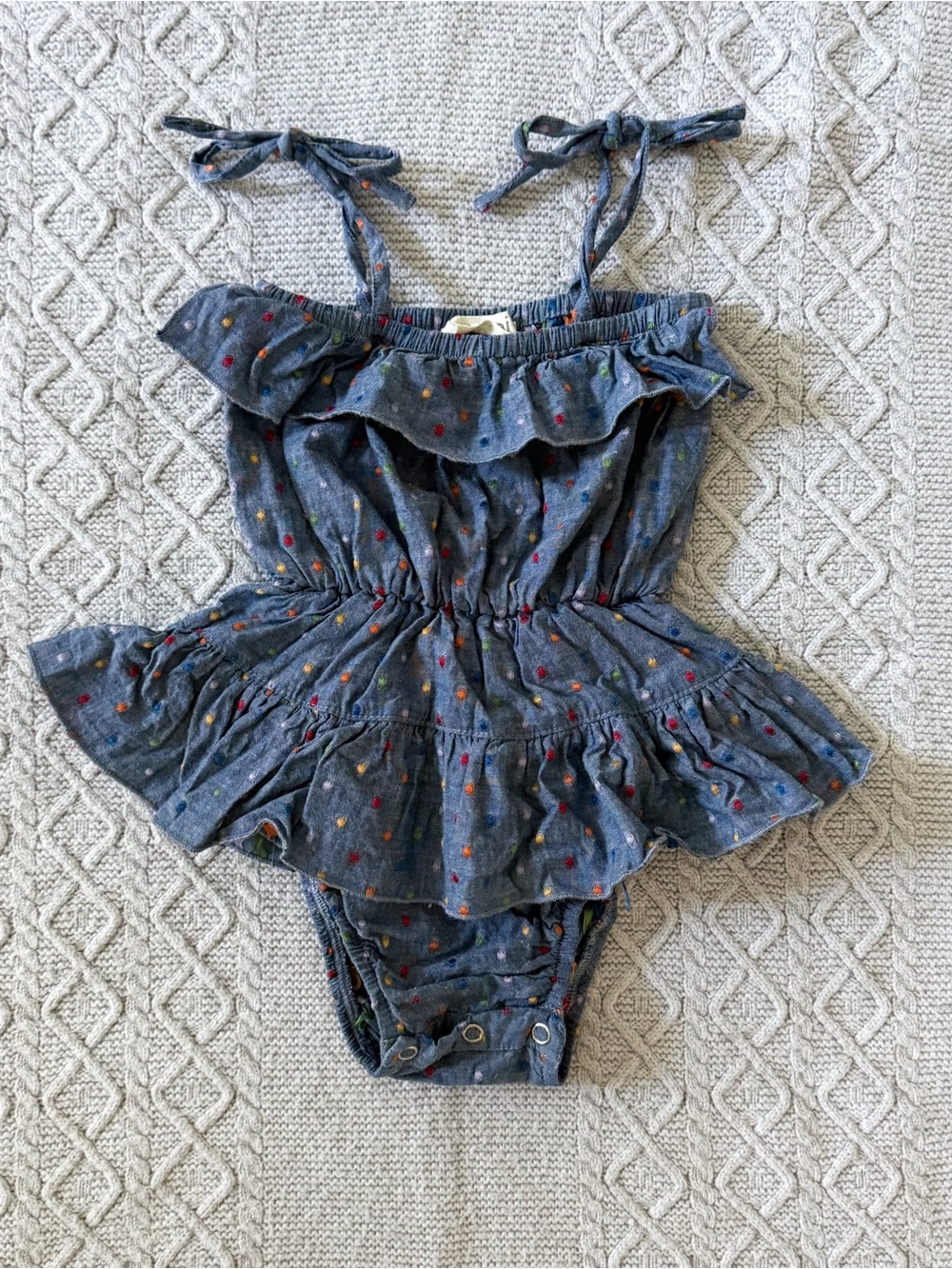 Rainbow Dot Chambray Ruffled Strappy Toddler Sunsuit with Skirt
